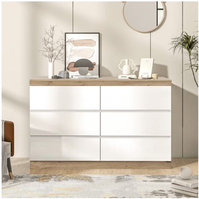 Commode - MUVOE - 6 Lades - Wit + Eiken - Spaanplaat E1 - Klassieke Stijl wit