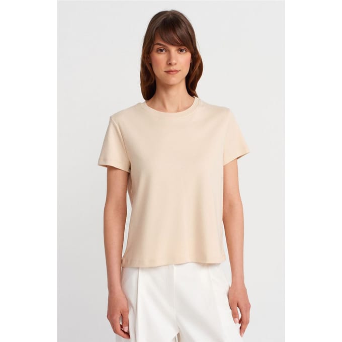 Dames Katoenen Geribbelde ronde Hals T-shirt