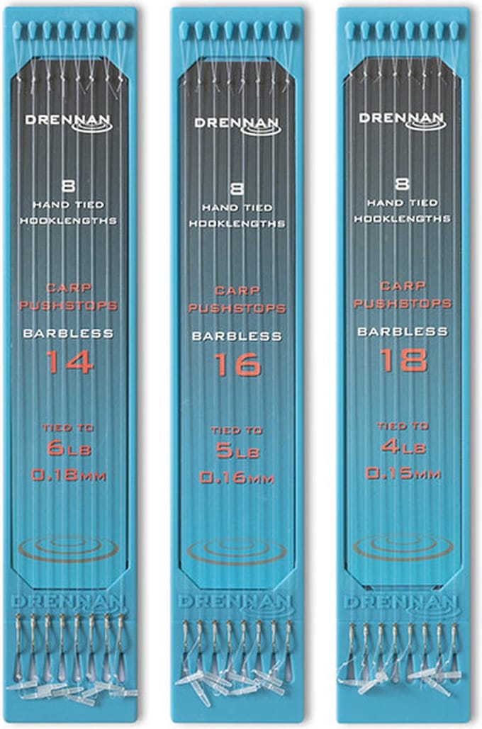 Drennan Onderlijnen Carp Pushstops Barbless (8 pcs) - Maat : 15cm - haak 14 - 0.18mm