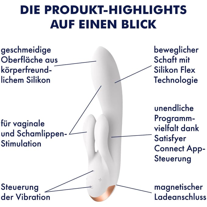 Satisfyer, vibrator, Bluetooth Rabbit, Double Flex, 20 cm, met app, 3 motoren, gemaakt van volledig siliconen, oplaadbaar, waterdicht