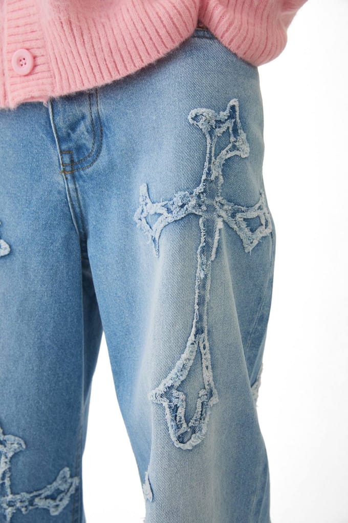 Baggy Rigid Washed Blauw Cross Applique Jeans | Light Blue | Size 36R