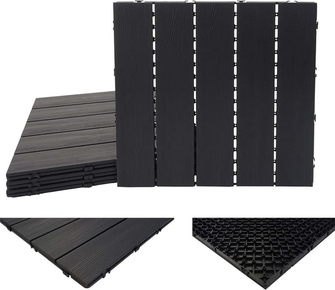 WPC Vloertegels Houtlook Antraciet - 1m² Set - 3D Reliëf voor Balkon en Terras