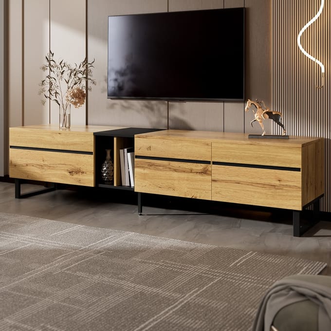 REDOM - Lowboard - spaanplaat - met klapvak en open vakken - 180 × 38 × 45 cm, Wood