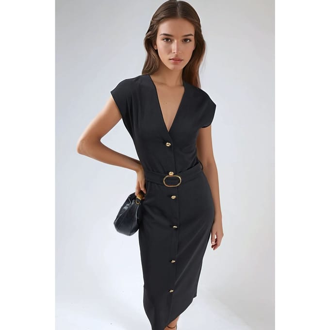 Gestructureerde Midi Jurk met V-hals
