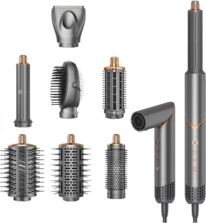 Haardrogerborstel Styler - Haarstyling Tool - Krullen Golven Steil - 8-in-1 Multifunctioneel - 26 x 24 x 7 cm - Zwart