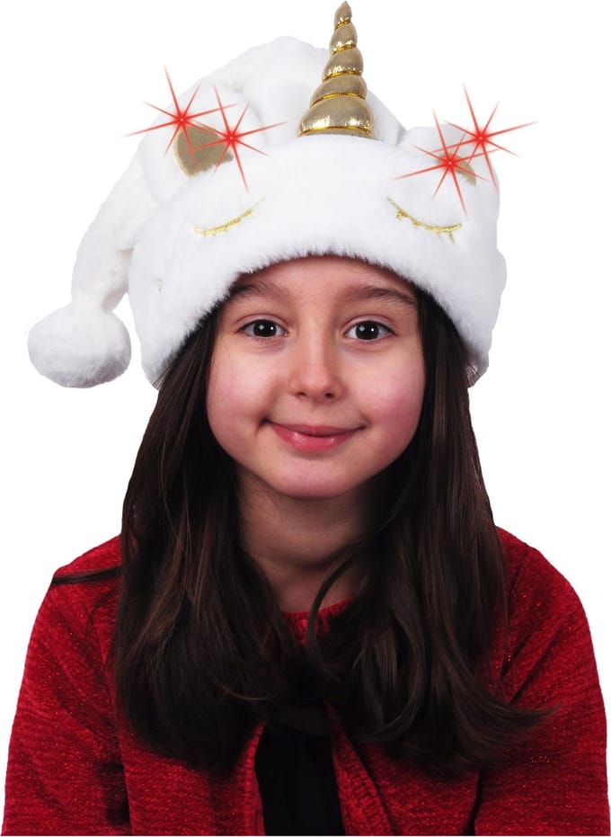 Kerstmuts - eenhoorn - wit - met verlichting - voor kinderen - incl batterijen - kerstaccessoires