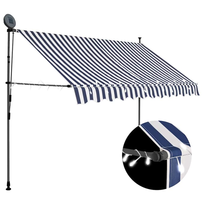 vidaXL - Luifel - handmatig - uitschuifbaar - met - LED - 250 - cm - blauw - en - wit