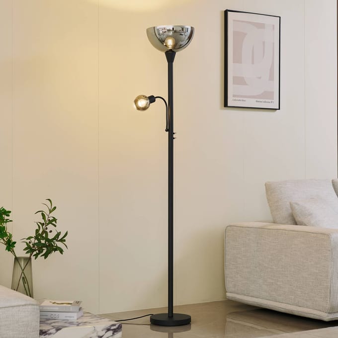 Lindby - vloerlamp - 2lichts - Glas, ijzer - H: 185 cm - E27 - grijs, zwart