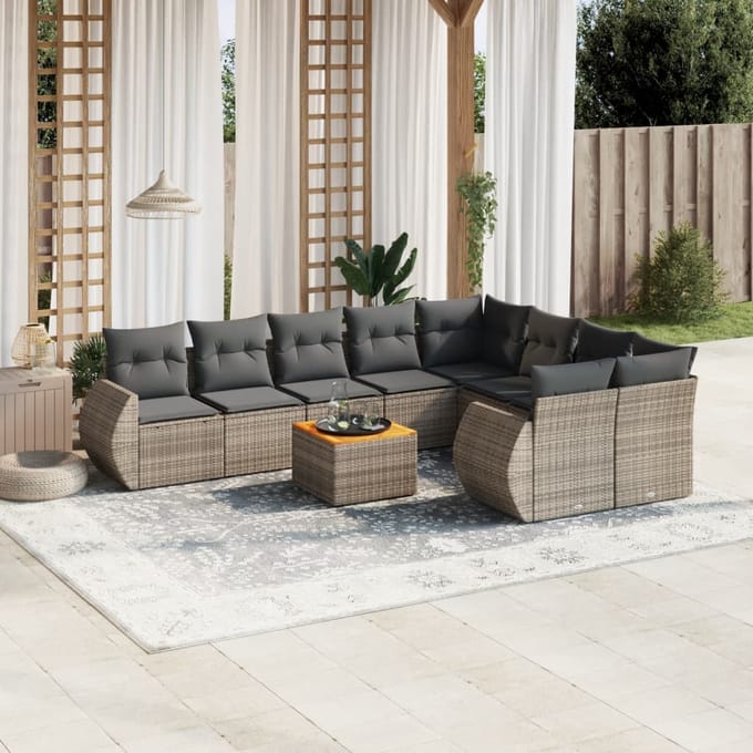 vidaXL - 10-delige - Loungeset - met - kussens - poly - rattan - grijs