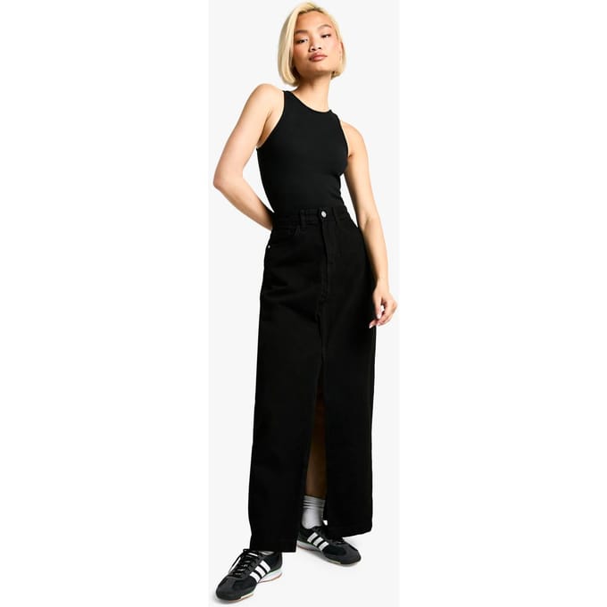 boohoo Dames Basic Split Front Denim Maxi Rok | Washed Black | Maat: 6