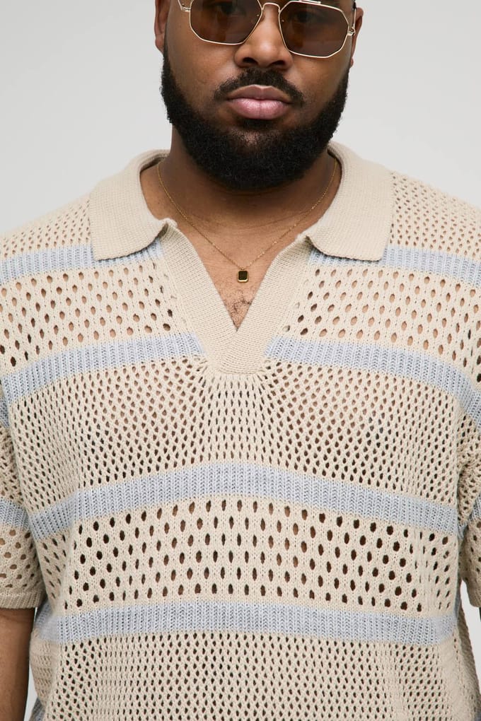 Plus Boxy Oversized Stripe Open Knit Polo T-Shirt | Stone | Size 2XL