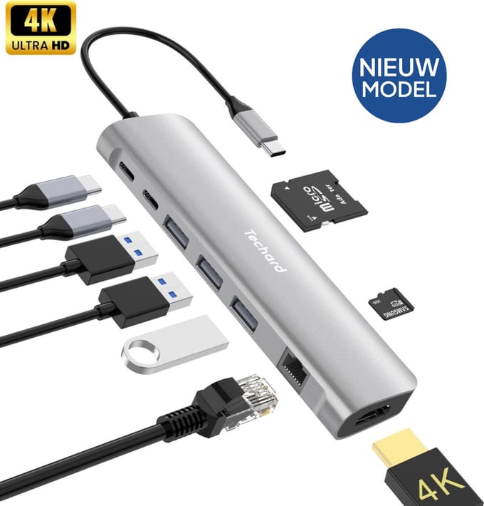 Techard USB-C-Hub 9-in-1 Docking Station USB Splitter Laptop - 4K HDMI - USB-A - USB-C 100W - Ethernet - (Micro) SD - 2026 Model