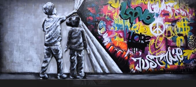 Schilderij - Metaalschilderij -Graffiti met twee jongetjes , 60x150cm, 3D schilderij