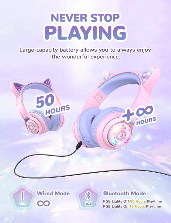 draadloze junior koptelefoon - met katten oortjes - volumebegrenzing - RGB led lights - microfoon -