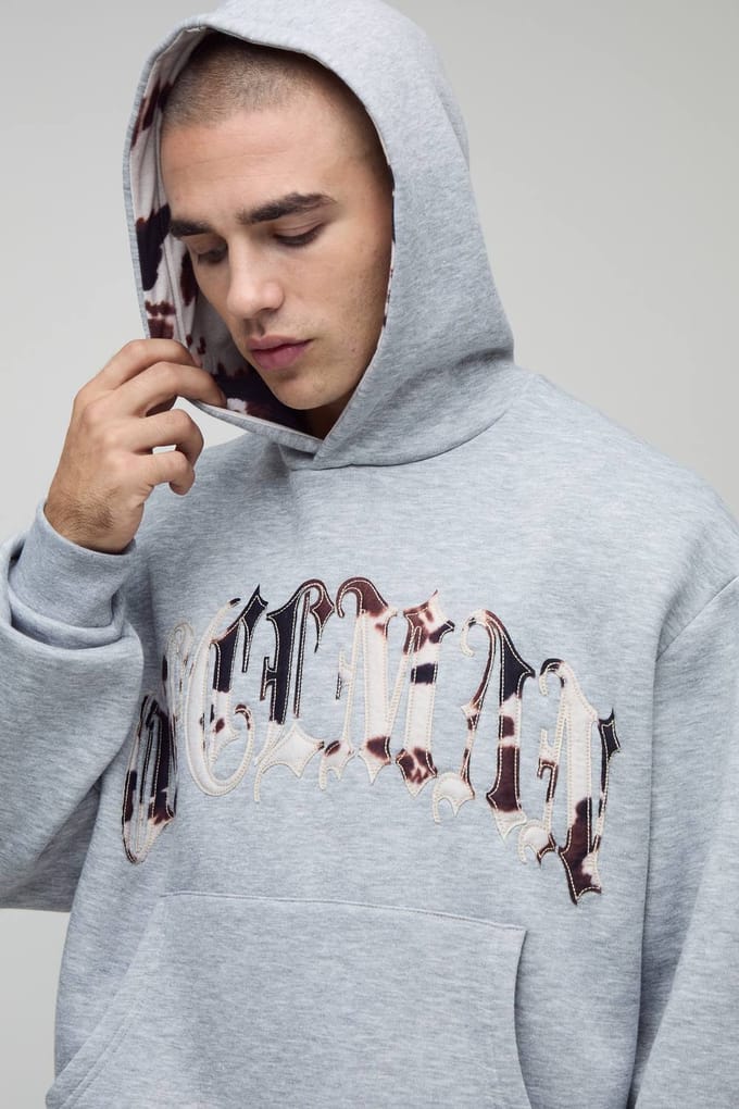 Oversized boxy Ofcl hoodie met koeienprint applique hoodie | Grey Marl | Size Medium