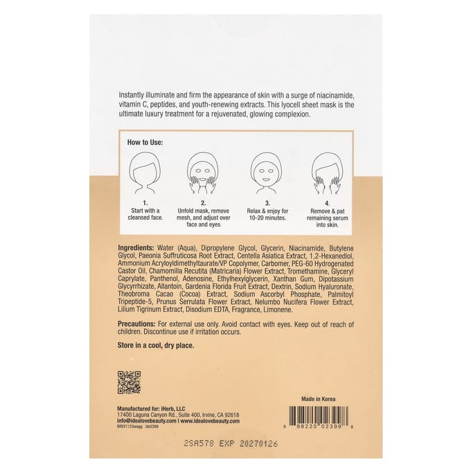 Idealove, Quel éclat !, Éclaircissant & Hydratant, 5 Masques en tissu beauté, 25ml (0,85 fl oz) chaque beige