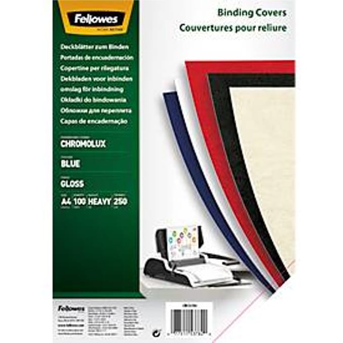 Fellowes dekblad Chromolux, karton, A4, voor draad- en plasticinbindmachines, blauw, 250 g, 100 stuks