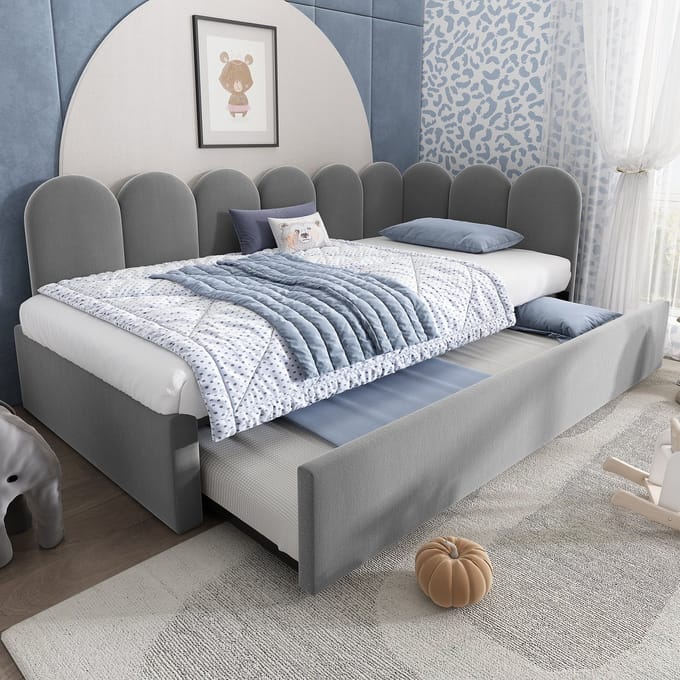 REDOM Dagbed – 90x200 cm – Met uitschuifbed – Fluwelen bekleding – Grijs
