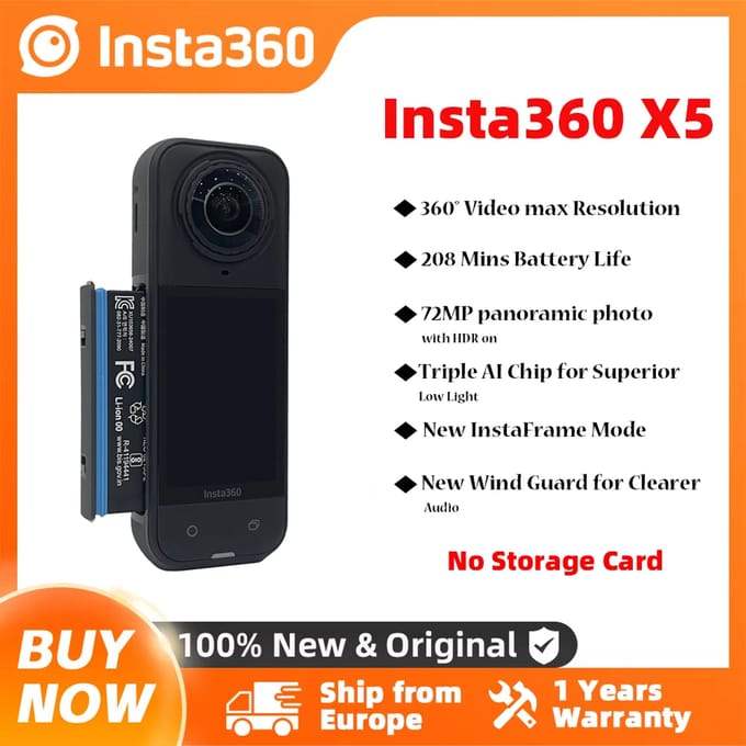 Insta360 X5 2025 action camera Nieuw 8K 30fps Verwisselbare lenzen Superieure AI drievoudige chip bij weinig licht 185 minuten batterijduur Insta 360 X5