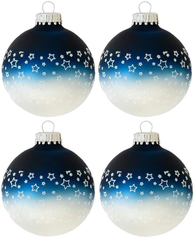 Krebs Kerstballen - 4 stuks - glazen - blauw-wit - met sterren - 7 cm