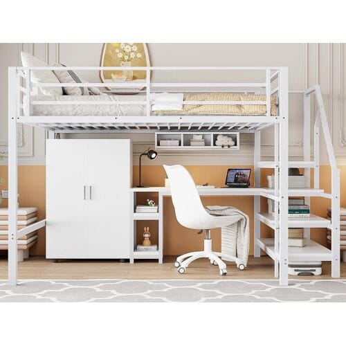 ModernLuxe Hoogslaper van metaal 140x200 cm - met bureau, kledingkast en opbergladder - Wit