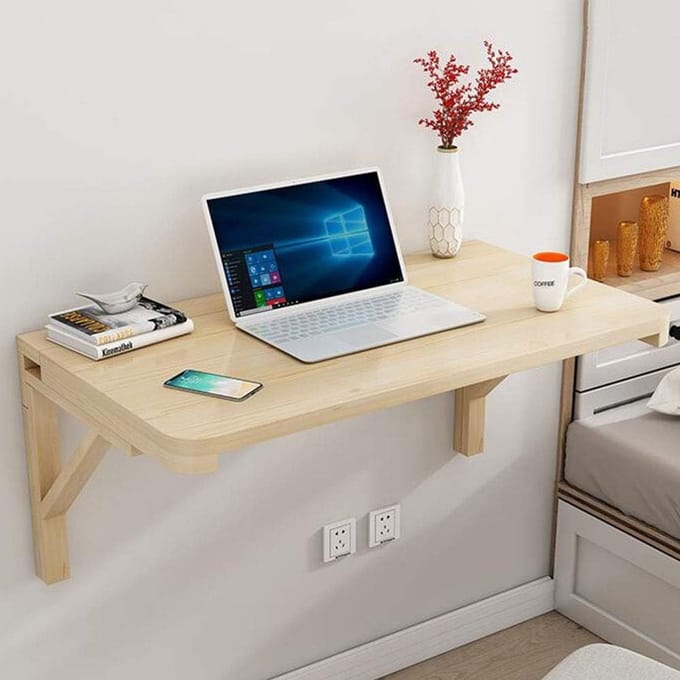 Opklapbaar bureau - Compacte tafel - Kleine ruimtes - Driehoekige steun - 80x55 cm - Beige