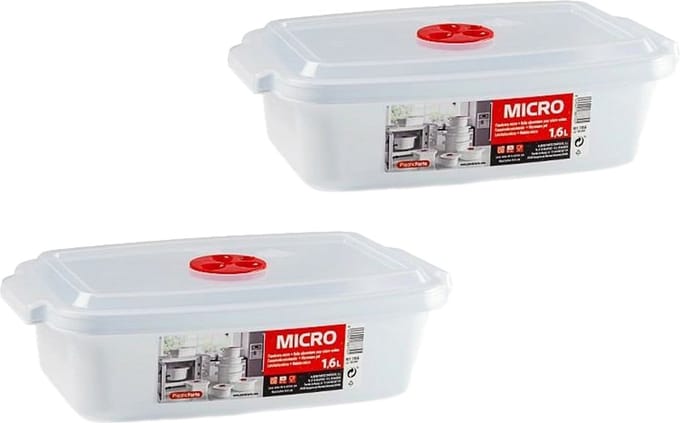 Plastic Forte Magnetronschaal - 2x - deksel/ventiel - 1,6 liter - wit - kunststof - rechthoekig