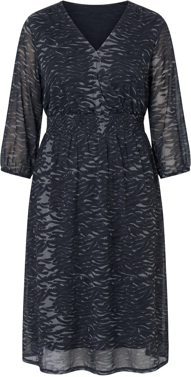 Ulla Popken - Dames - Midi-jurk van mesh zebrapatroon V-hals 3/4-mouwen - Zwart - Maat 42+