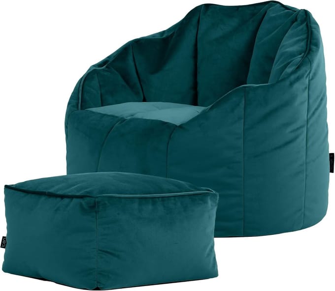 Luxe Fluwelen Zitzak Fauteuil met Hocker - Blauwgroen