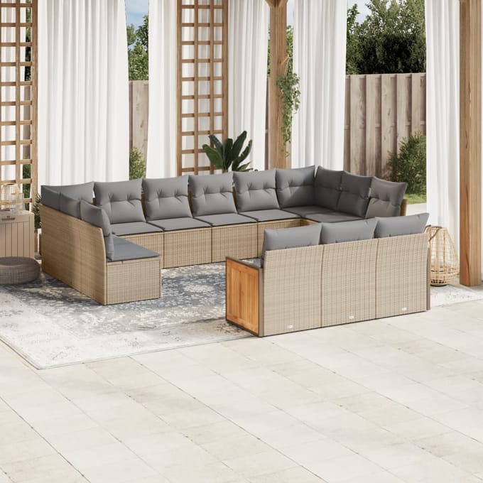 vidaXL - 13-delige - Loungeset - met - kussens - poly - rattan - beige