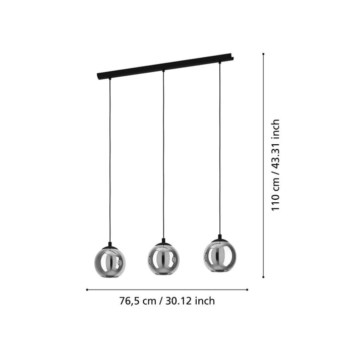EGLO Hanglamp Ariscani, rookgrijs, lengte 77 cm, 3-lamps glas E27