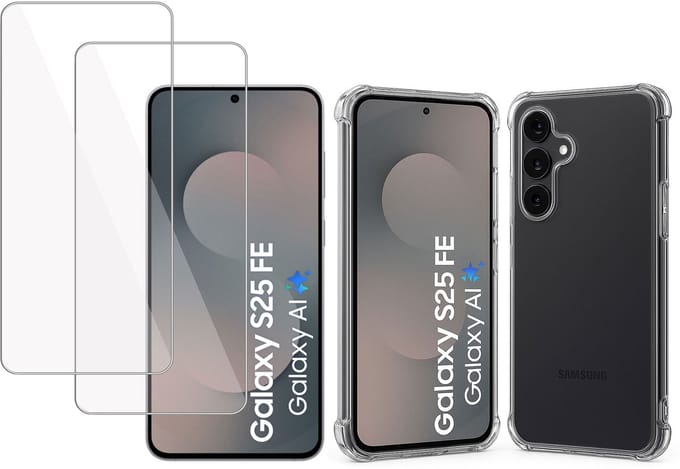 TechNow Hoesje + 2x Screenprotector geschikt voor Samsung Galaxy S25 FE Hoesje Screenprotector - Tempered Glass - Extreme Shock Case Transparant