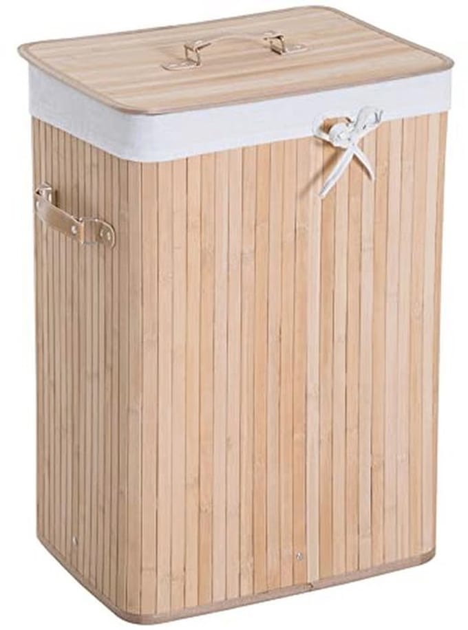Wasmand met deksel en bamboe handgrepen – Inklapbare wasbox van 72L