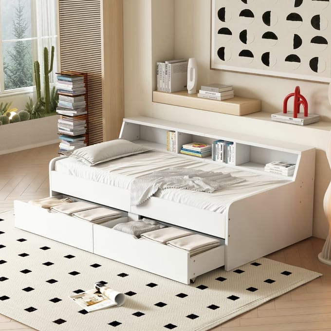 VVBV Kinderbed 90x200 cm Dagbed met twee laden en wit opbergvak