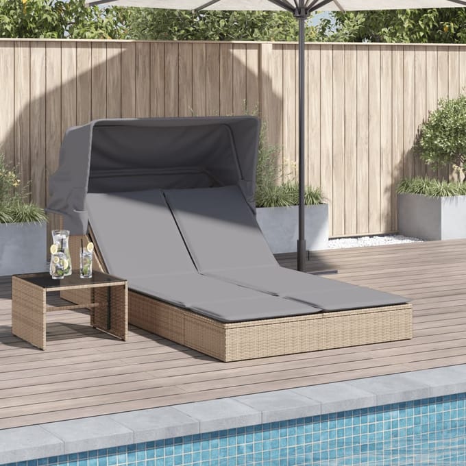 vidaXL - Ligbed - 2-persoons - met - luifel - en - kussens - poly - rattan - beige