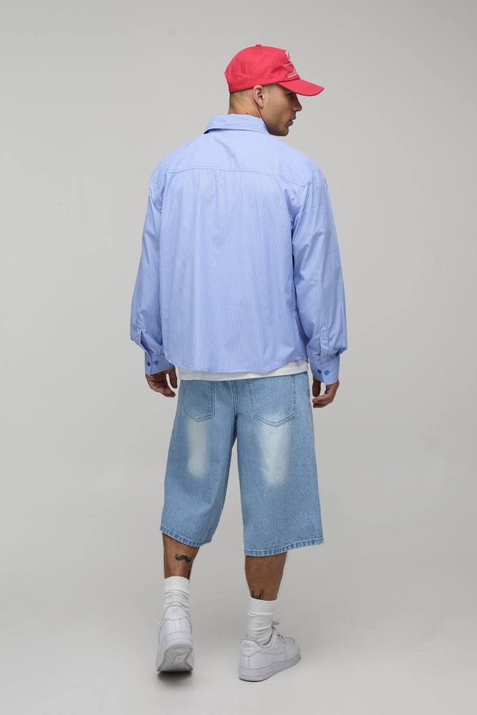 Oversized Gestreept Shirt Met Gebogen Zoom En B-borduursel | Blue | Size Small