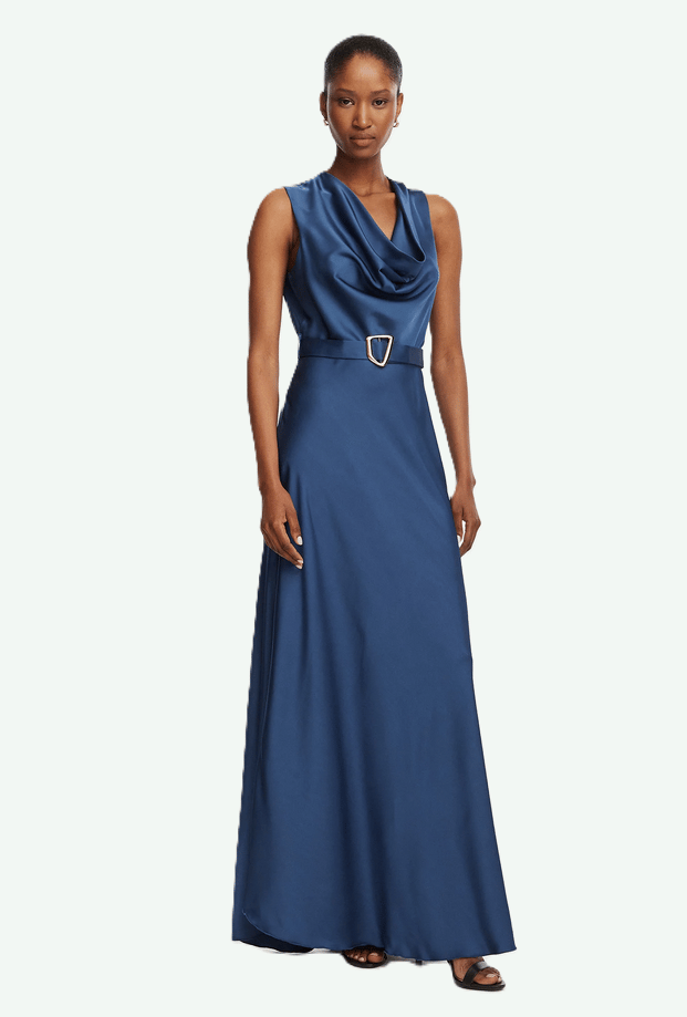 satijnen jurk met riem vrouw blauw helder