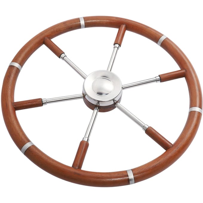 Volant de Bateau 450mm Acier Inoxydable Bois 18 pouces Volant 6 Branches avec Cache d'Axe pour 3 4in Standard brown