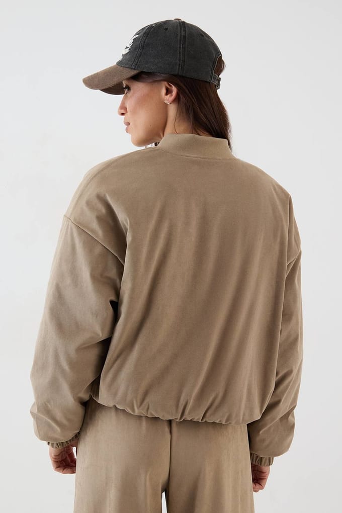 Dames DSGN Studio Nep Suede Gevoerde Doorritsbomber Jas | Stone | Maat: Medium