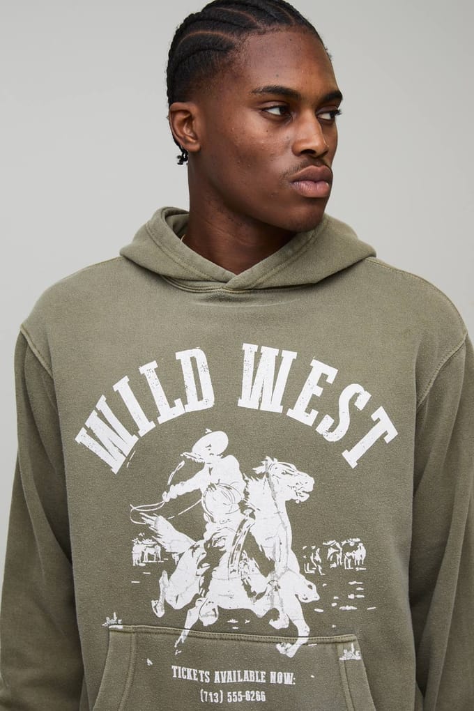 Gewassen kaki oversized boxy western bedrukte hoodie | Washed Khaki | Size Medium