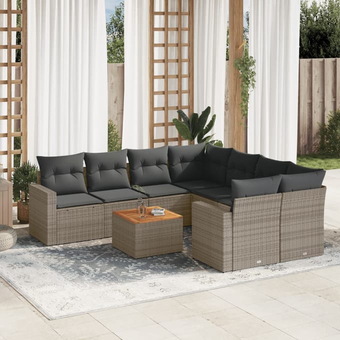 vidaXL - 9-delige - Loungeset - met - kussens - poly - rattan - grijs