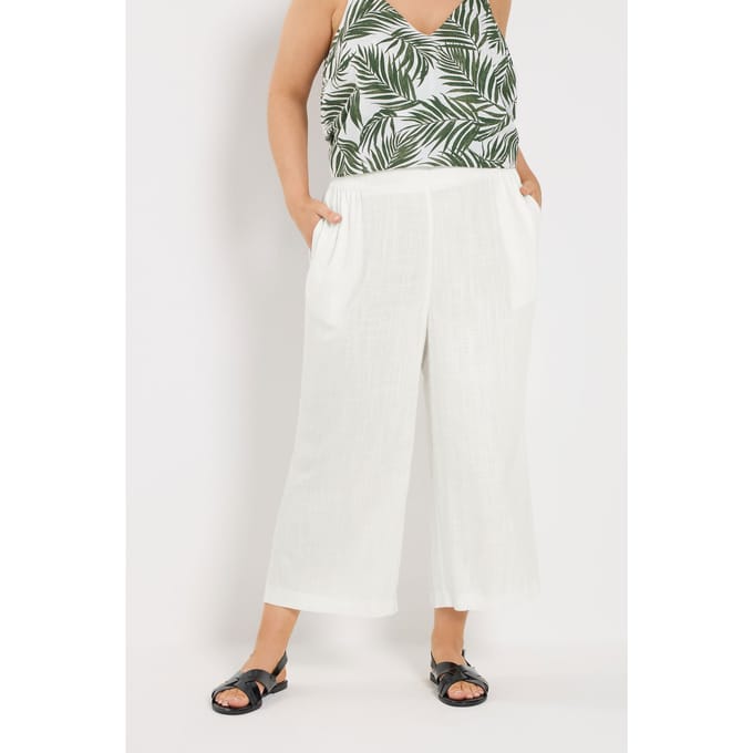 Yours Cropped Broek Van Linnenmix Met Wijde Pijpen In Wit Size 54-56