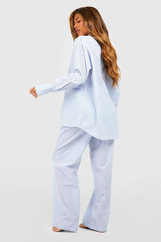 boohoo Dames Cotton Pinstripe Pyjama Broek | Blue | Maat: 8