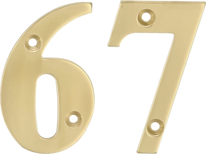 AMIG Huisnummer 67 - massief messing - 5cm - incl. bijpassende schroeven - gepolijst - goudkleur