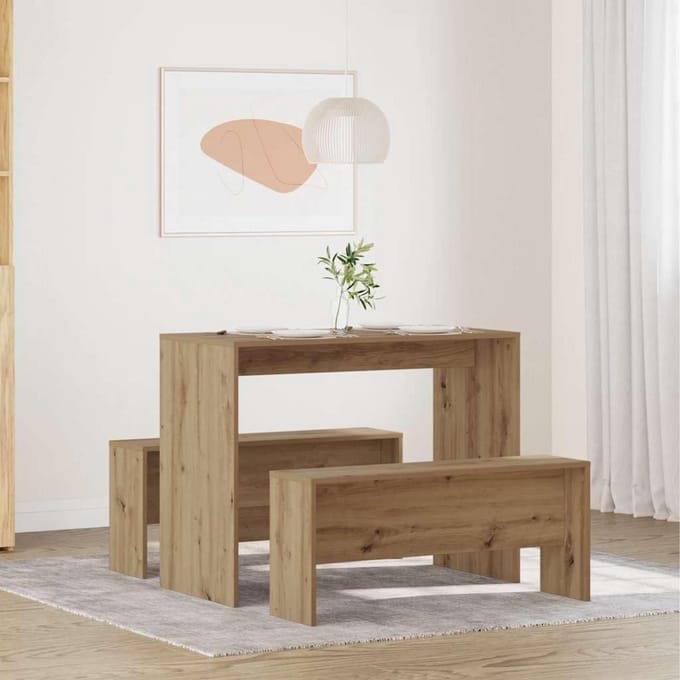 3-delig Eettafel en Bank Set van Bewerkt Hout