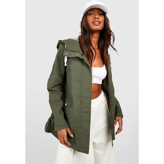 boohoo Dames Hooded Contrast Trim Mac | Kaki | Maat: 42