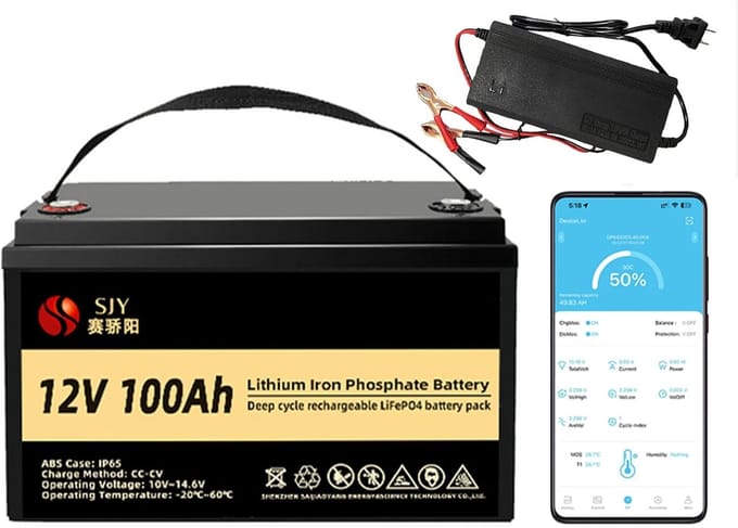 Lithium Batterij - 12V Accu - Energie Opslag - Ingebouwde Bluetooth - 100Ah Capaciteit