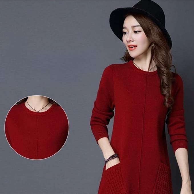 Dames Midilengte Pullover Trui Lente Herfst en Winter Koreaanse Versie van Los Eenvoudig Basis T-shirt met Zakken van Gebreide Trui Jurken One Size oranje