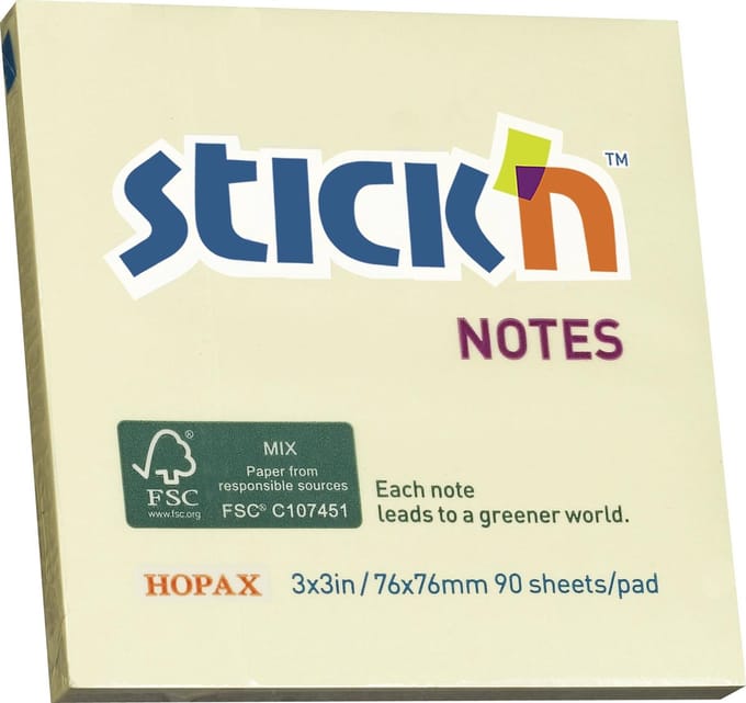 Stick'n Sticky Notes - 76x76mm - FSC - Pastel Geel - 90 Memoblaadjes
