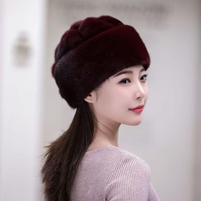 Chapeau d'hiver chaud en fourrure de vison pour femme one size black